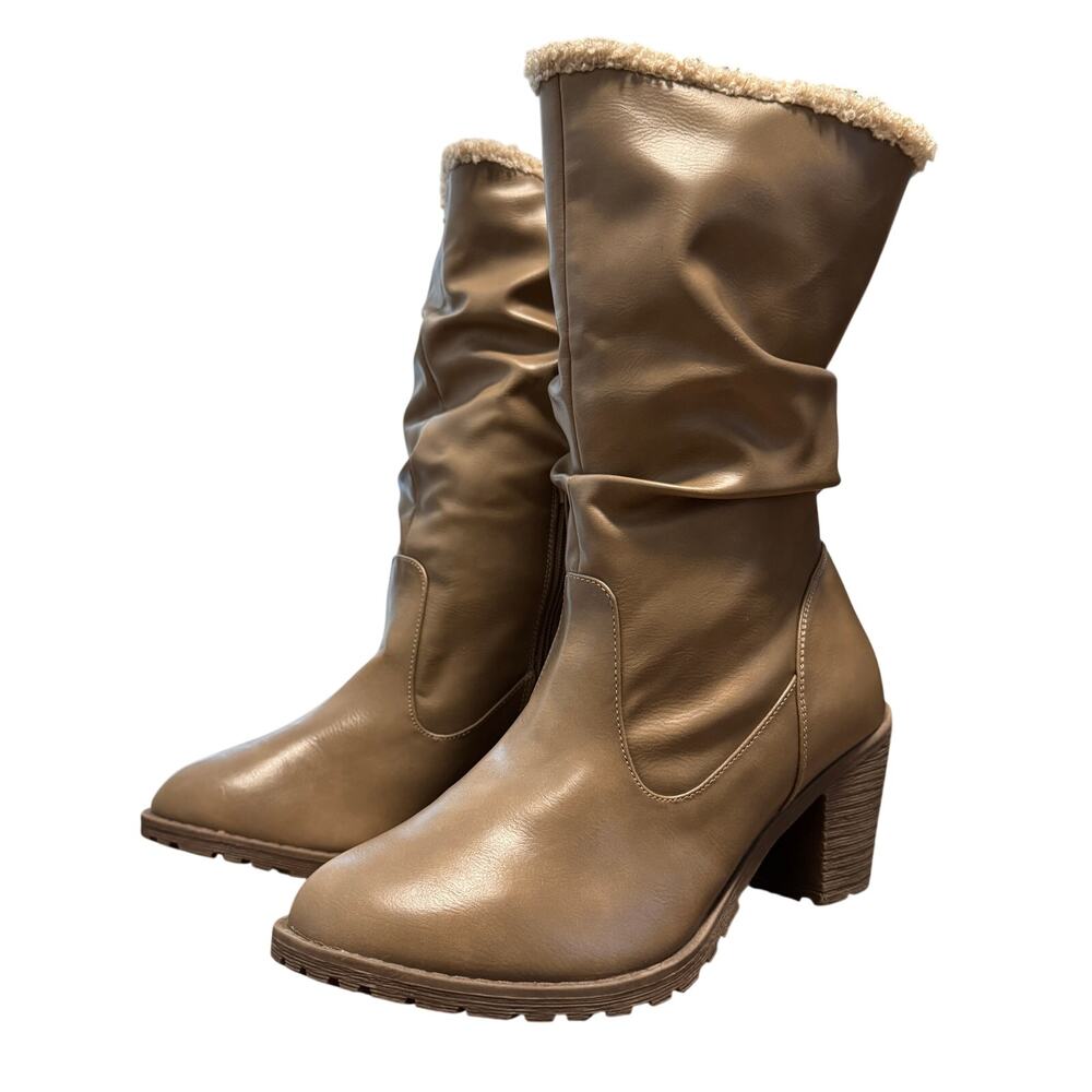 MUK LUKS Womens Taupe Tan Faux Leather Slouch Mid Calf Heeled Boots Sherpa 10